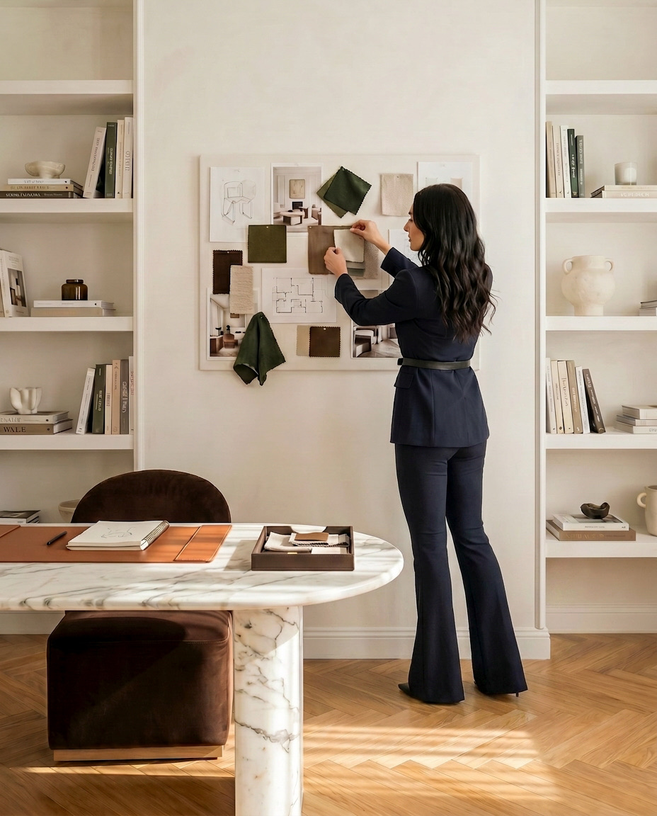 Madalina Aris, founder of Studio Sakaia, arranging fabric and material samples on a moodboard in the studio's Dubai design office.