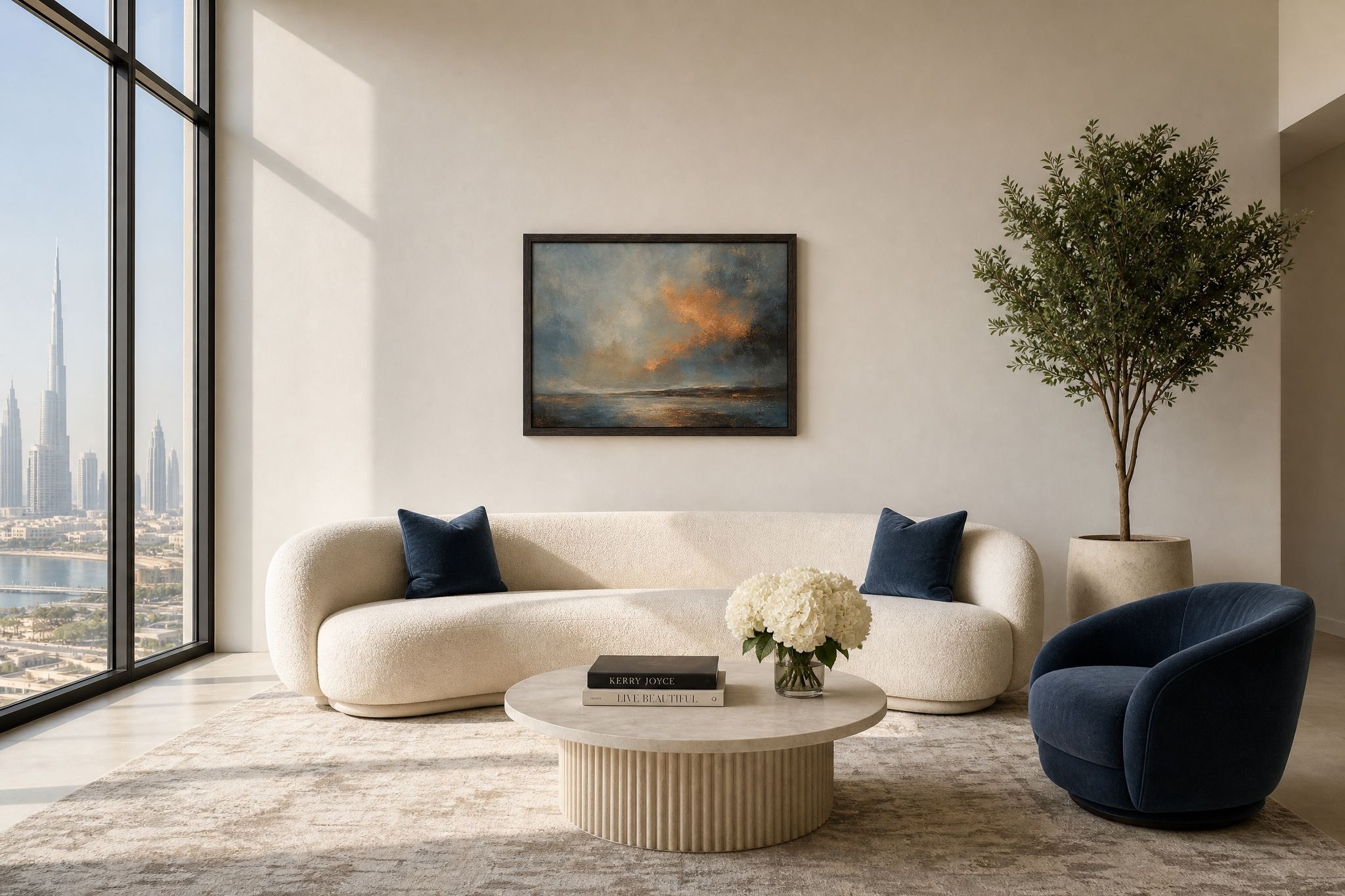 Amber Dusk Seascape framed above a curved boucle sofa in a Dubai living room, an in-situ artwork render, Studio Sakaia