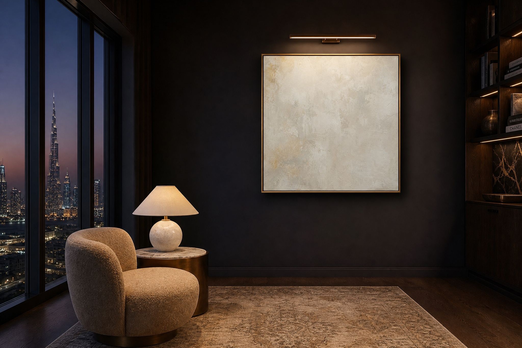 Ivory Plaster Minimal Abstract framed above a reading chair in an evening lounge, an in-situ artwork render, Studio Sakaia