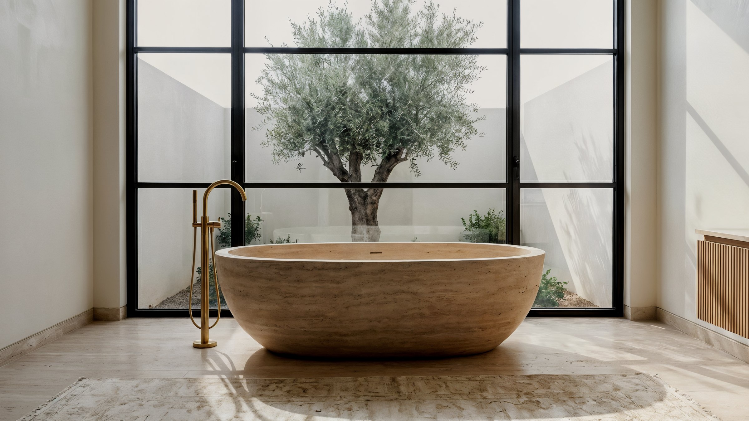 A travertine freestanding tub framed by a steel-framed window and an olive tree, Palm Jumeirah, Studio Sakaia, Dubai