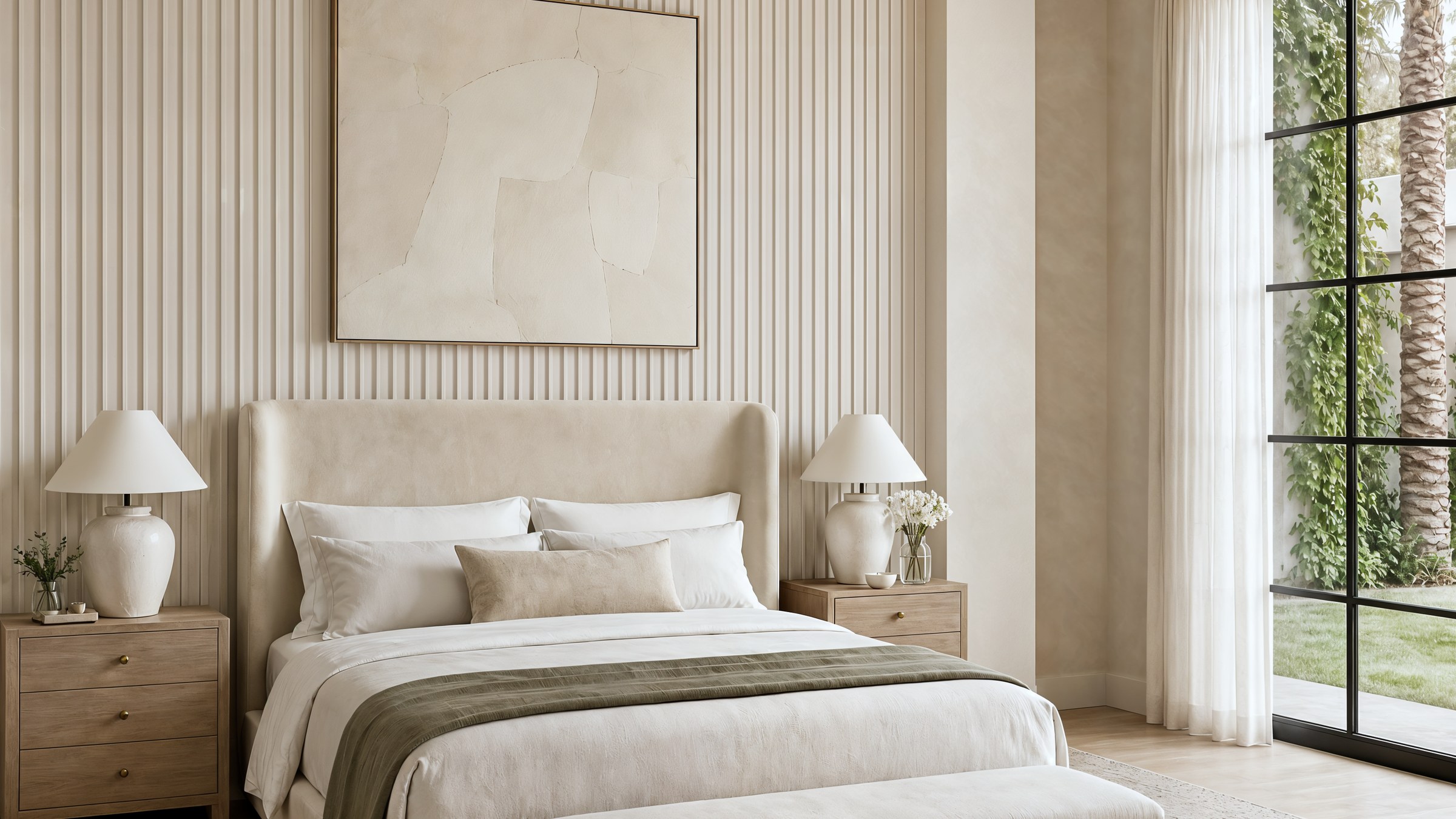 A calm Palm Jumeirah primary bedroom with an upholstered headboard, layered linen and a reeded plaster wall, Studio Sakaia, Dubai